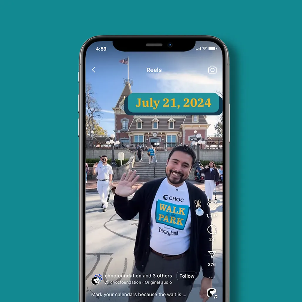 Smartphone mockup of an Instagram Reel showing a man in a CHOC Walk tee waving at the Disneyland train station, with a "July 21, 2024" date graphic overlaid.