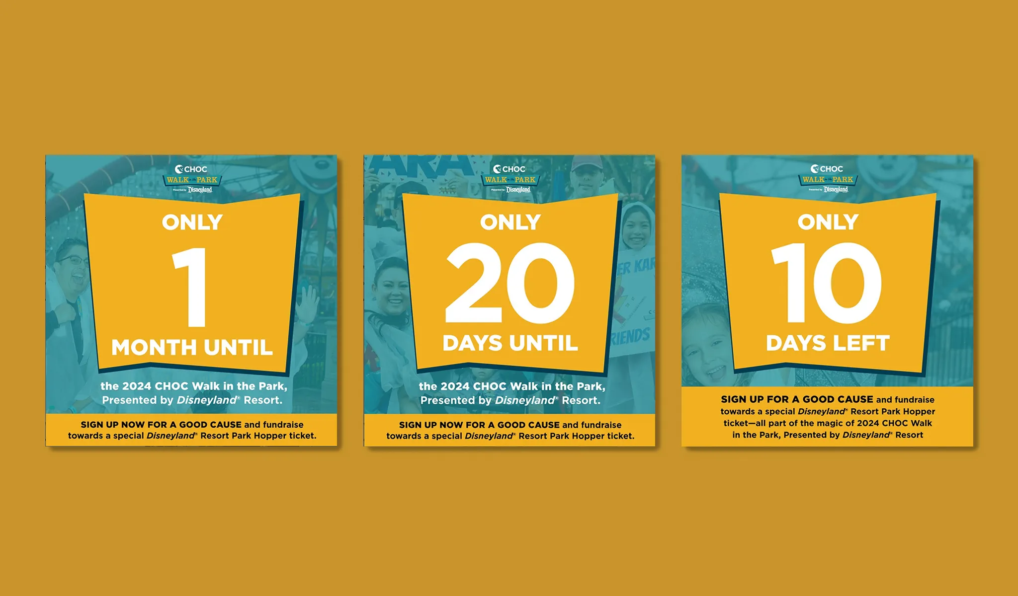 Three teal-and-yellow countdown social graphics for the 2024 CHOC Walk: "Only 1 Month Until," "Only 20 Days Until," and "Only 10 Days Left," each with a sign-up CTA.