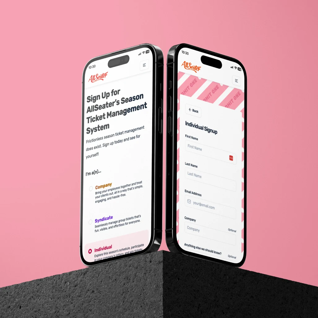 Two phone screens showing AllSeater sign-up flow with account type selection and individual signup form