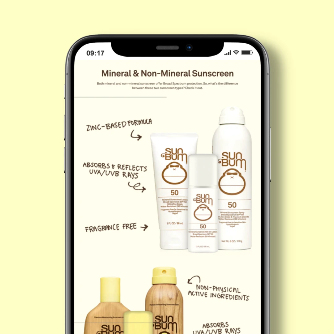 Phone screen showing Sun Bum infographic comparing mineral and non-mineral sunscreen formulas and benefits