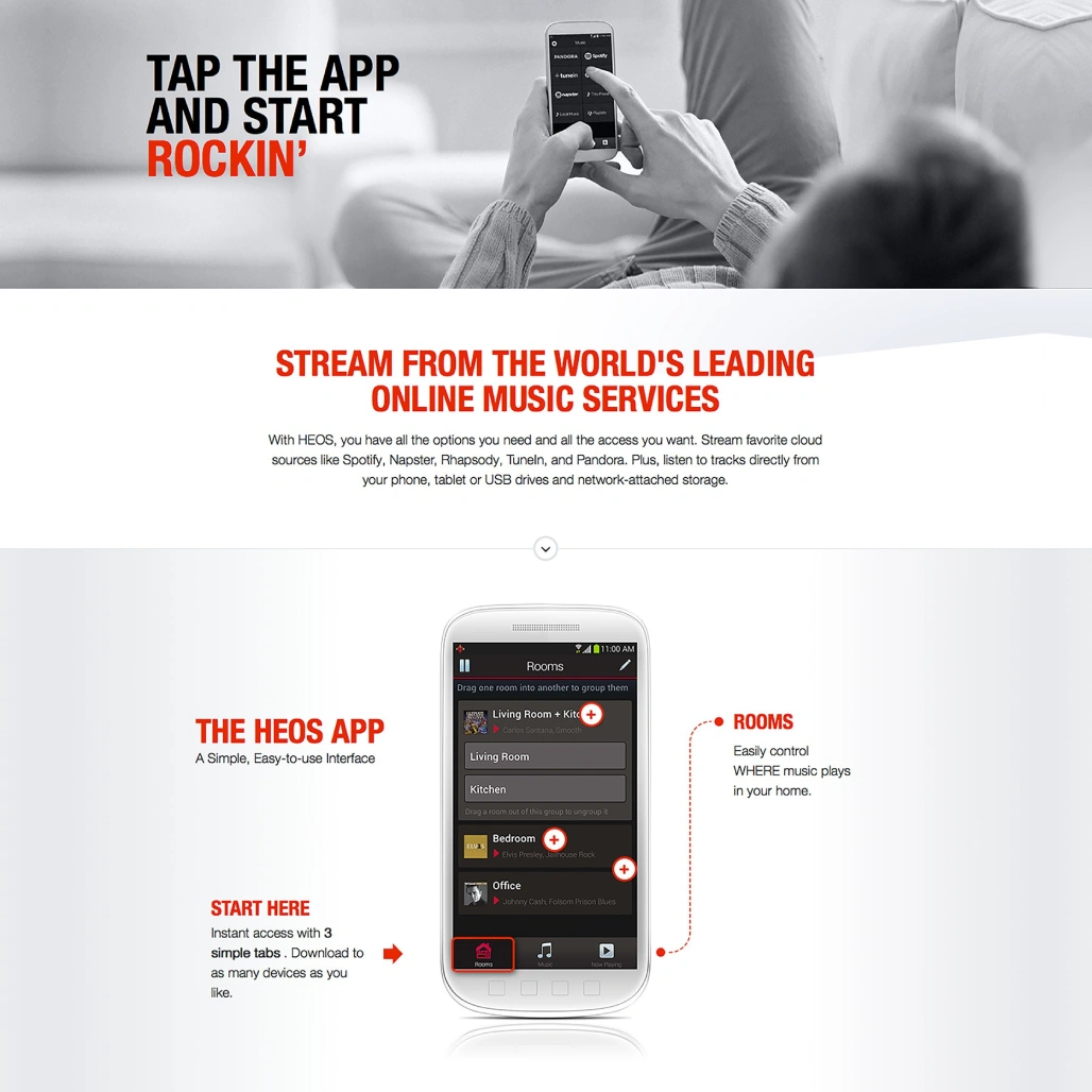 HEOS app webpage showing "Tap the App and Start Rockin'" with streaming services and a phone displaying the Rooms screen