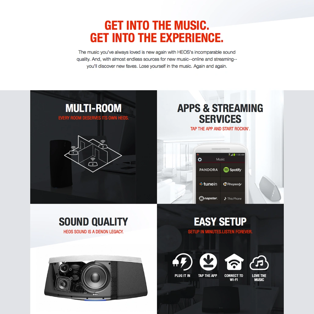 HEOS by Denon web graphic with "Get Into the Music" headline and multi-room, streaming, sound quality, and easy setup features