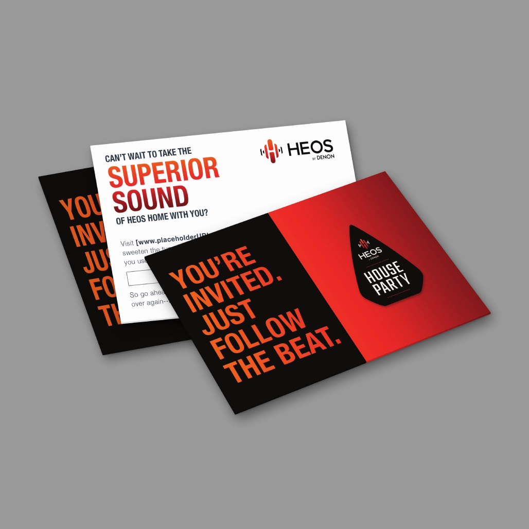 HEOS by Denon House Party invitation postcards reading "You're Invited. Just Follow the Beat." in red and black