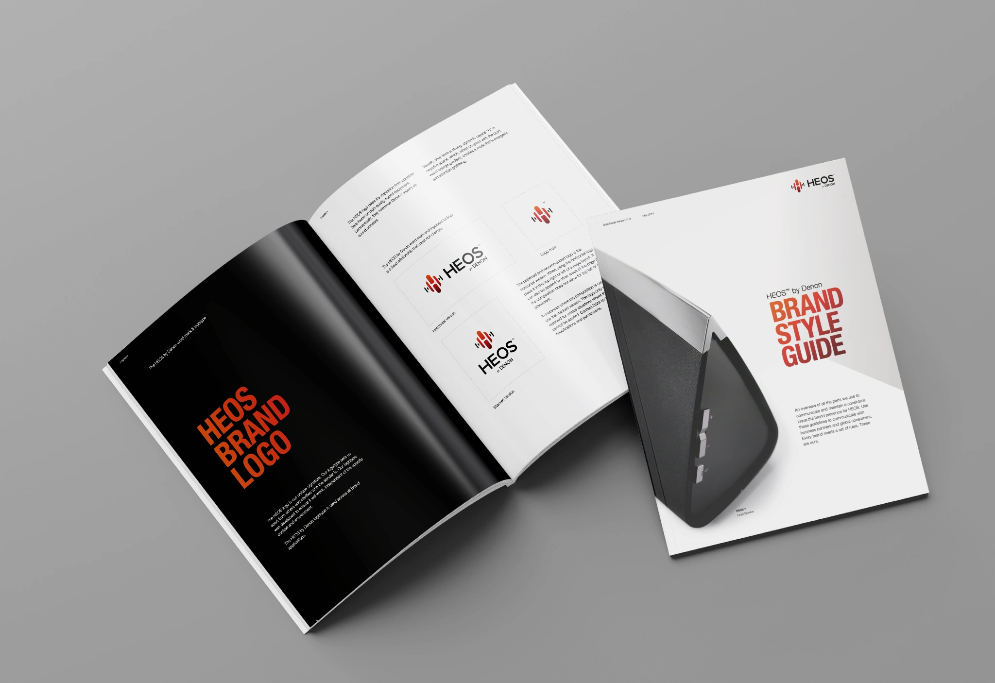 HEOS by Denon brand style guide cover and open spread showing the HEOS logo and logomark versions