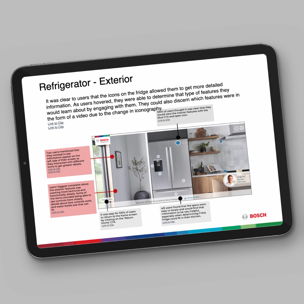 Angled tablet showing a Bosch UX research slide on refrigerator exterior findings with a kitchen scene and user feedback callouts