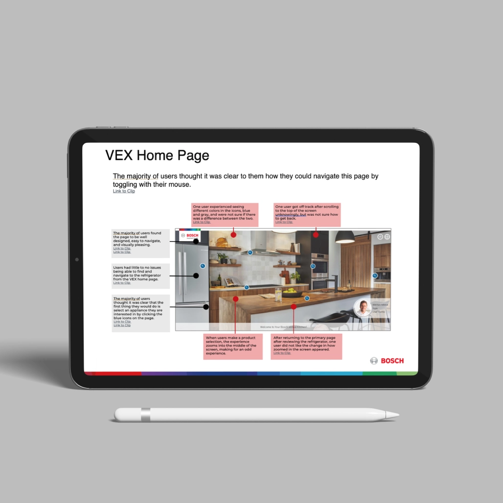 Tablet and stylus showing a Bosch UX research slide on the VEX home page with a kitchen scene and user feedback notes