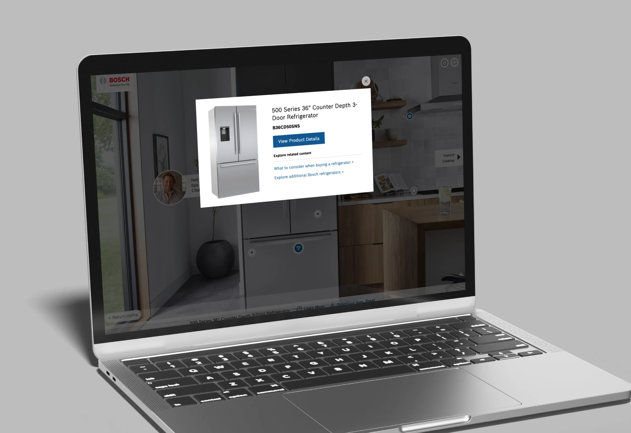 Laptop showing a Bosch virtual kitchen experience with a 500 Series 3-door refrigerator product pop-up and View Product Details button
