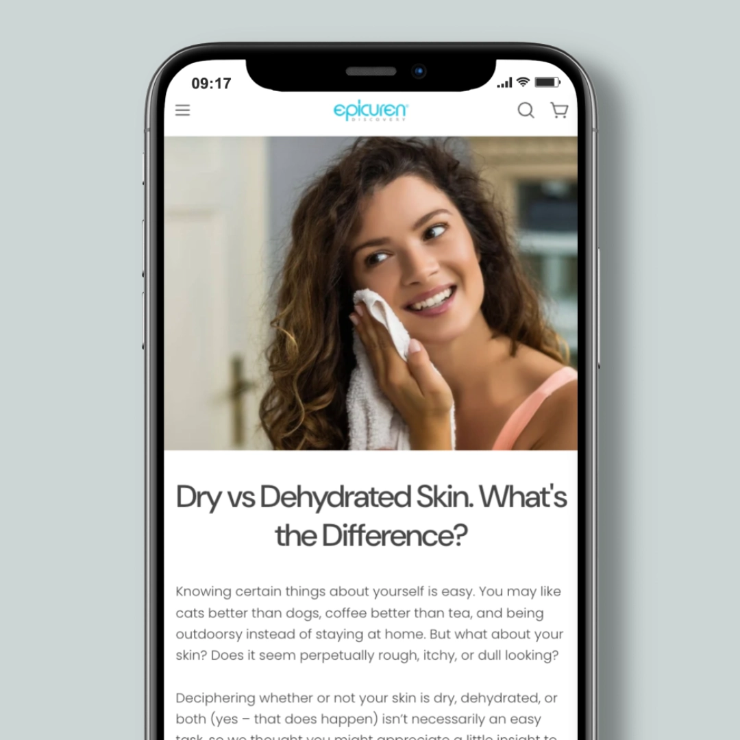 Epicuren blog post titled “Dry vs Dehydrated Skin. What’s the Difference?” with a woman patting her face with a towel`