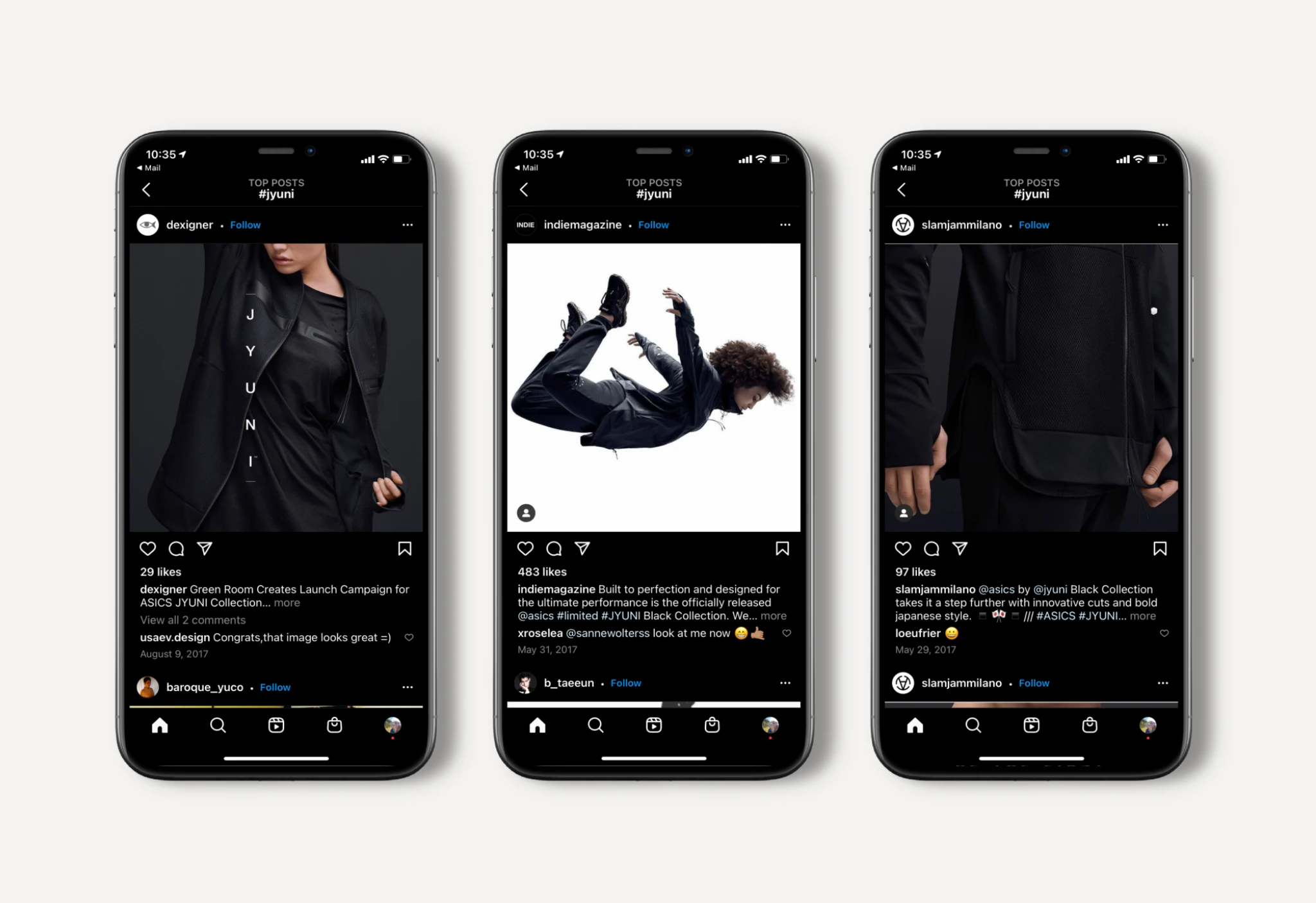 Three phone screens showing #jyuni Instagram posts featuring ASICS JYUNI Black Collection apparel