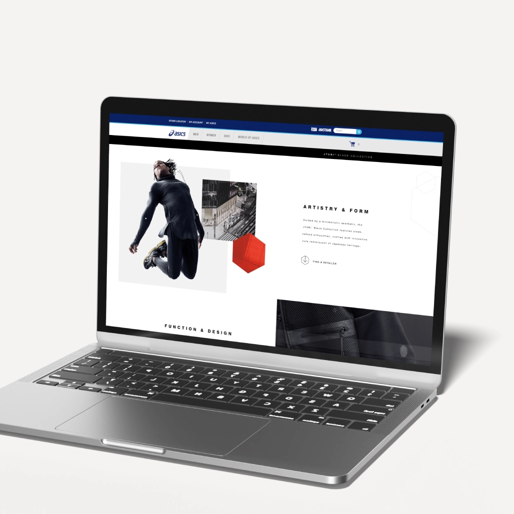 Laptop showing the ASICS JYUNI Black Collection page with "Artistry & Form" section and a model mid-jump