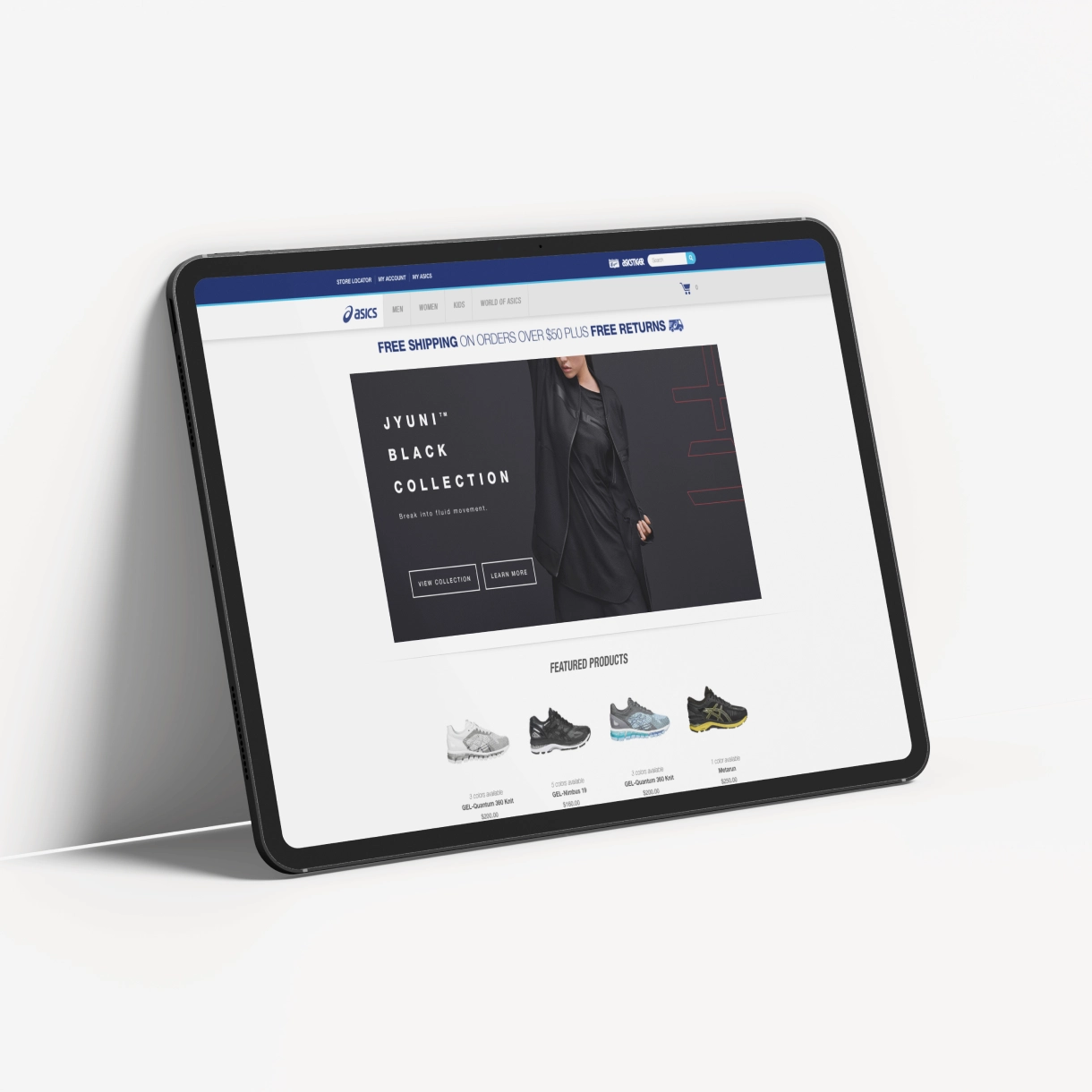 Tablet showing the ASICS homepage with the JYUNI Black Collection hero banner and featured running shoes