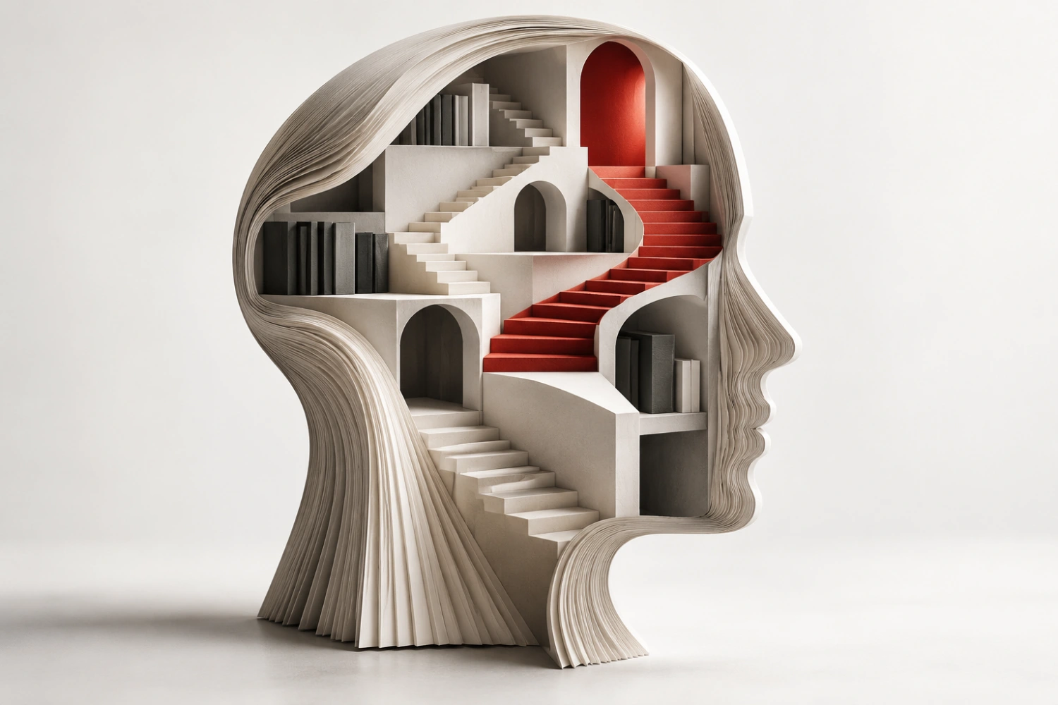 A head-shaped sculpture made of book pages, with winding staircases and a red path leading to an archway, symbolizing student choices.
