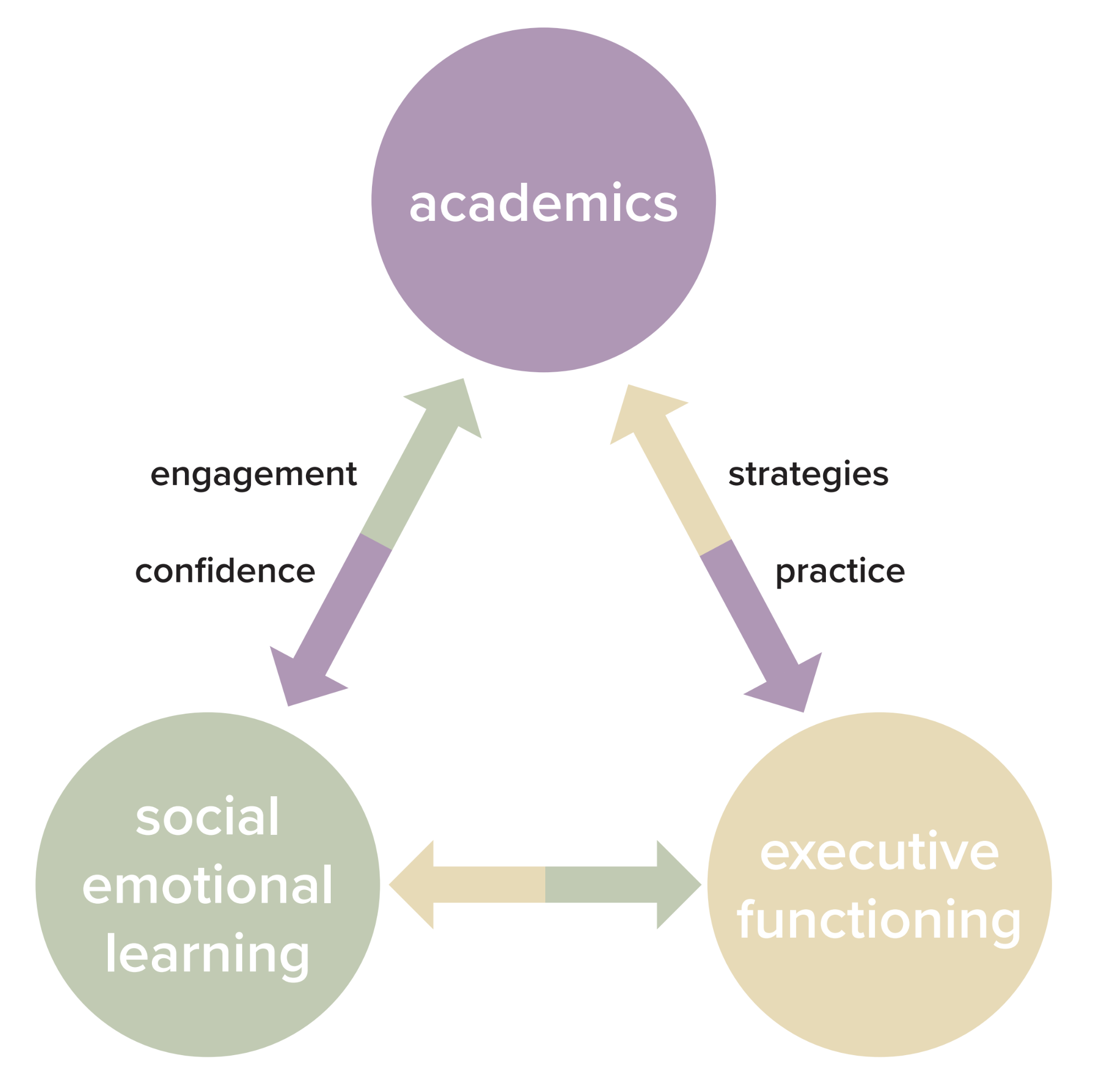 Here is a fully detailed alt text that preserves all relationships and labels in the diagram:
⸻
Triangular diagram showing the relationship between academics, executive functioning, and social-emotional learning. At the top is a purple circle labeled “academics.” At the bottom left is a green circle labeled “social emotional learning.” At the bottom right is a tan circle labeled “executive functioning.”
Arrows connect all three areas in a continuous loop:
• From social emotional learning to academics, an upward arrow labeled “engagement” and “confidence.”
• From academics to executive functioning, a downward arrow labeled “strategies” and “practice.”
• Between executive functioning and social emotional learning, a horizontal two-way arrow indicating a reciprocal relationship.
The diagram illustrates that social-emotional learning builds engagement and confidence, which support academic success; academics develop strategies and practice that strengthen executive functioning; and executive functioning and social-emotional learning influence each other bidirectionally.