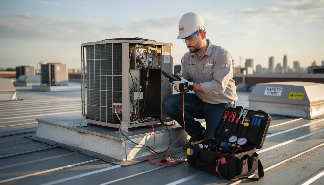 An HVAC technician is seen performing seasonal maintenance on a rooftop unit, ensuring optimal functionality for the property. This routine task is part of a preventive maintenance program that enhances tenant satisfaction and operational efficiency for property management companies.