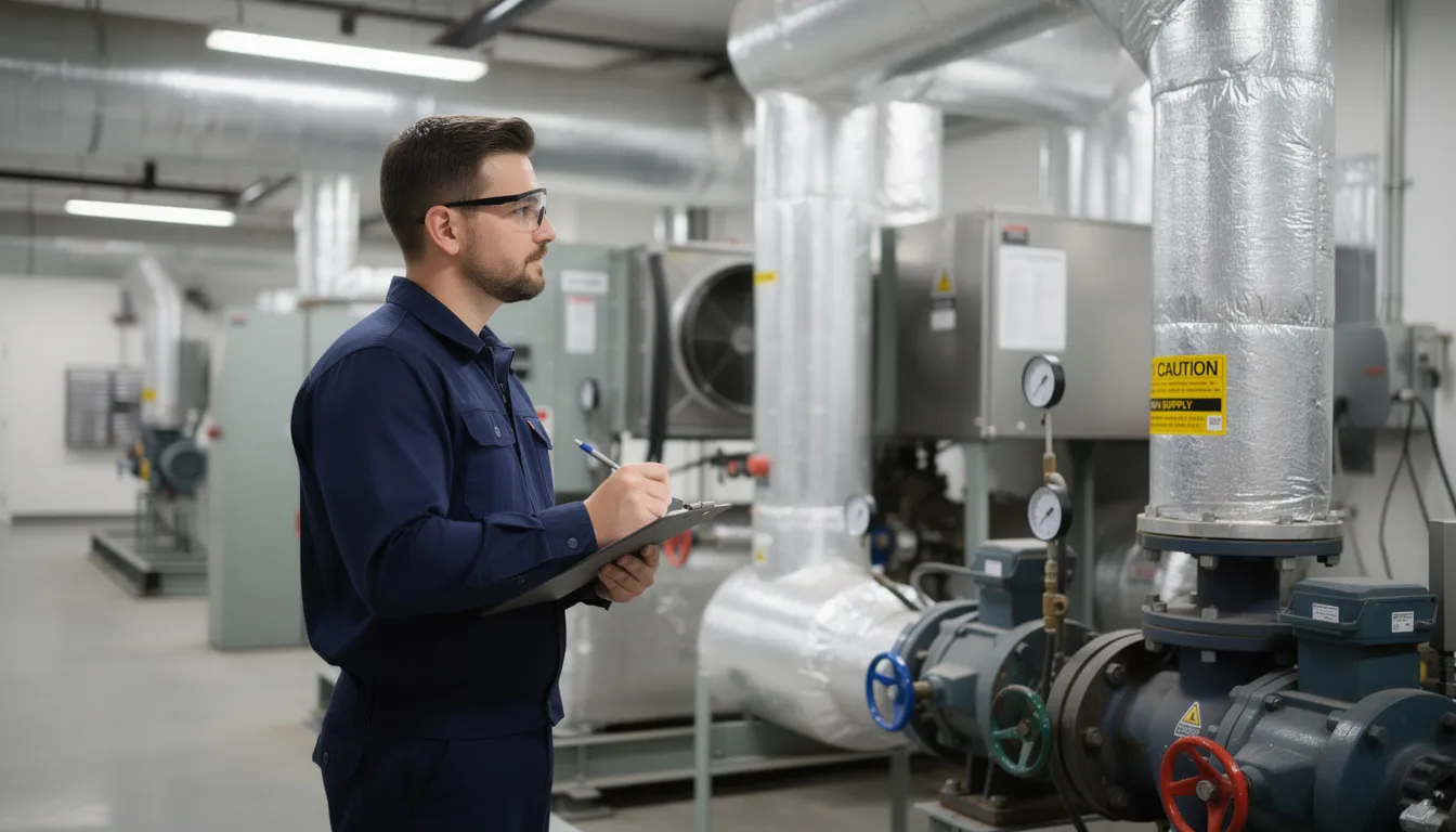 A maintenance technician is inspecting the mechanical systems of a building while holding a clipboard, ensuring that all maintenance tasks are properly documented. This proactive approach is essential for property management operations to enhance tenant satisfaction and streamline maintenance processes.