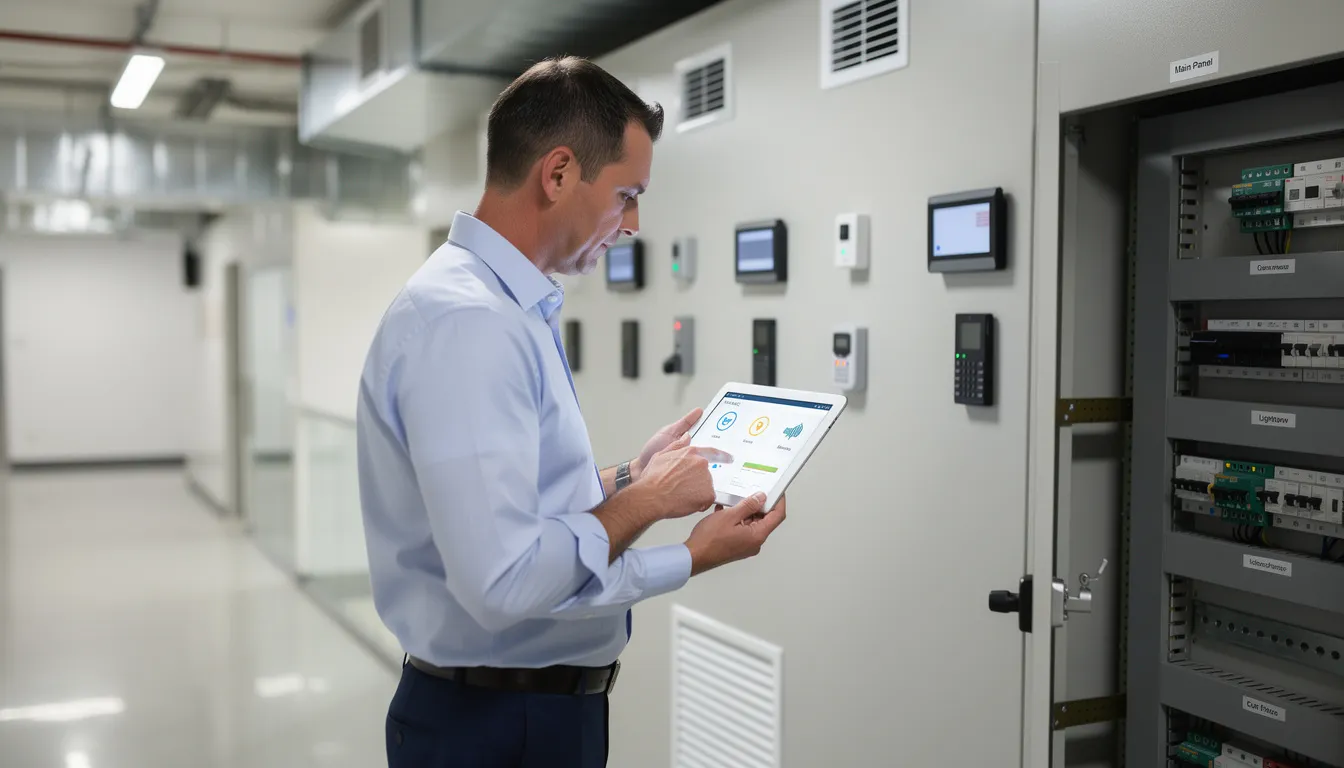 A facility manager inspects building systems while using a tablet device, showcasing the integration of property maintenance software to streamline maintenance tasks and enhance operational efficiency. This scene highlights the importance of technology in property management operations for improving tenant satisfaction and managing maintenance requests effectively.