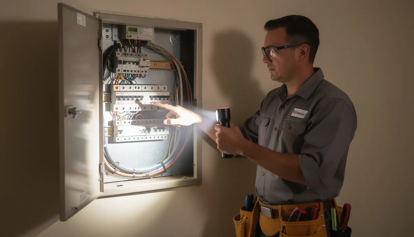 A home inspector is carefully examining an electrical panel using a flashlight, ensuring that all components are in good condition and identifying any potential issues that may need to be addressed in the home inspection report. This detailed inspection is crucial for uncovering major concerns that could lead to costly problems for homeowners.