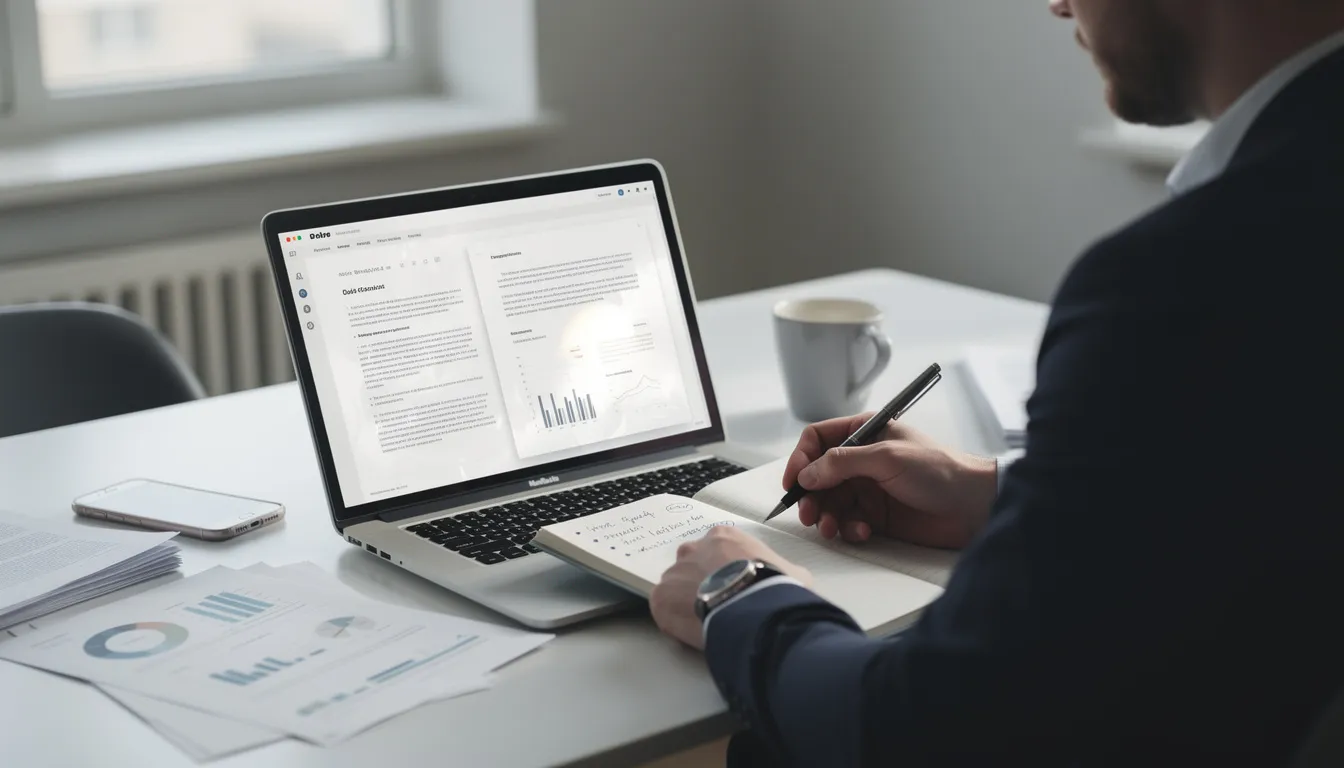A person is seated at a desk, taking notes while reviewing a home inspection report displayed on their laptop screen. The documents include detailed information about potential issues such as structural concerns, plumbing, and HVAC systems, highlighting the importance of maintenance and repairs for homeowners and buyers.