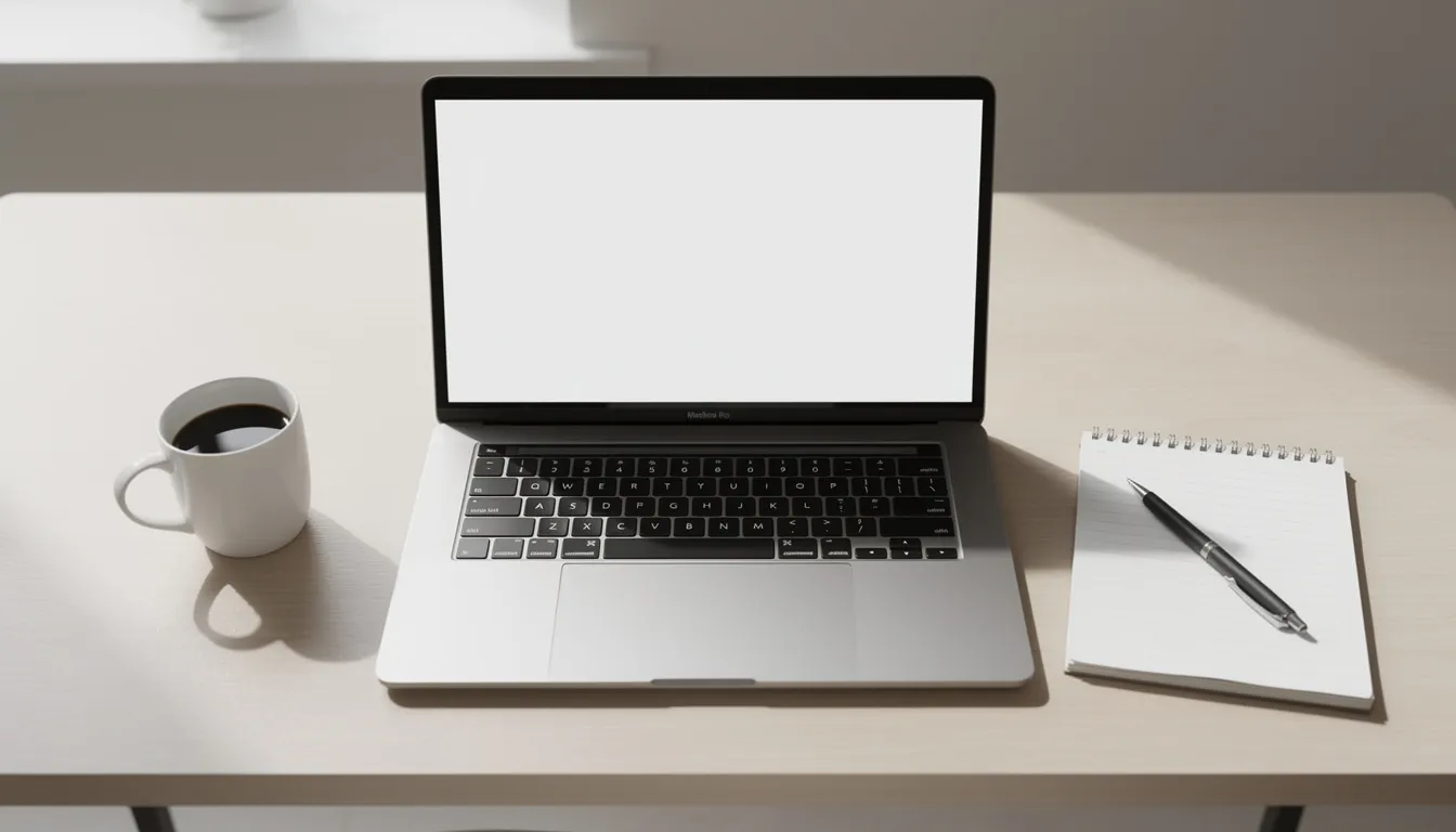 The image depicts an organized desk featuring a laptop, a notepad, and a coffee mug, creating a productive workspace. This setup suggests a focus on detailed information and actionable insights, which could be useful for home inspection reports and checklists.