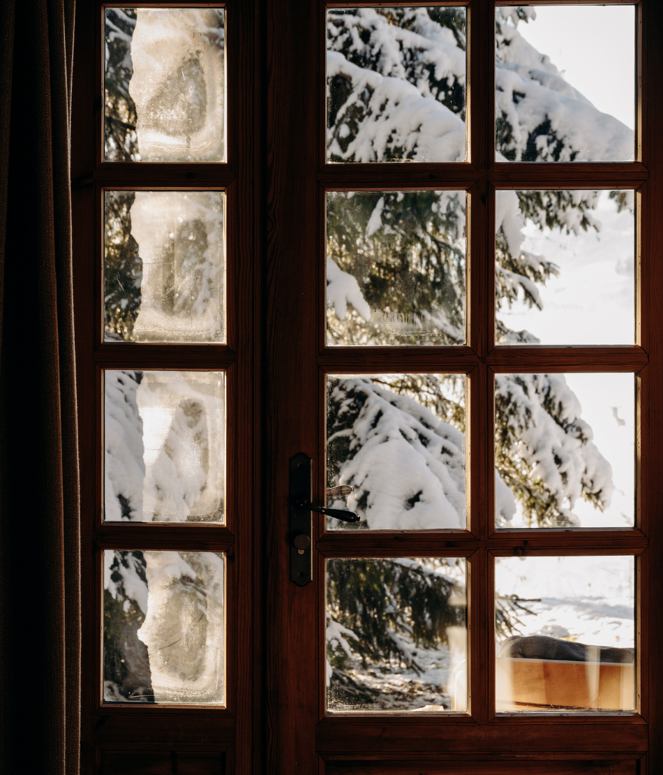 Forêt enneigée baignée de lumière vue depuis une chambre des Chalets du Mont d’Arbois — Megève.