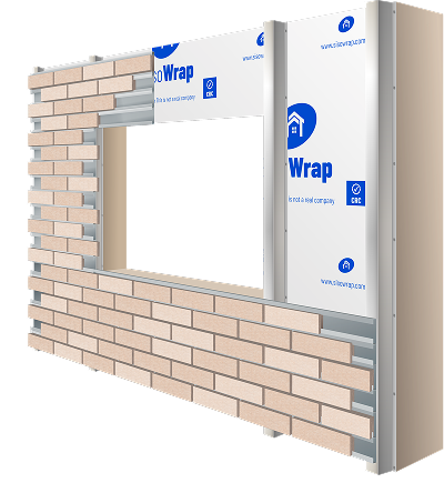 Nexbrick™ dual-engagement steel rail system diagram showing brick slip, rail, and substrate connection