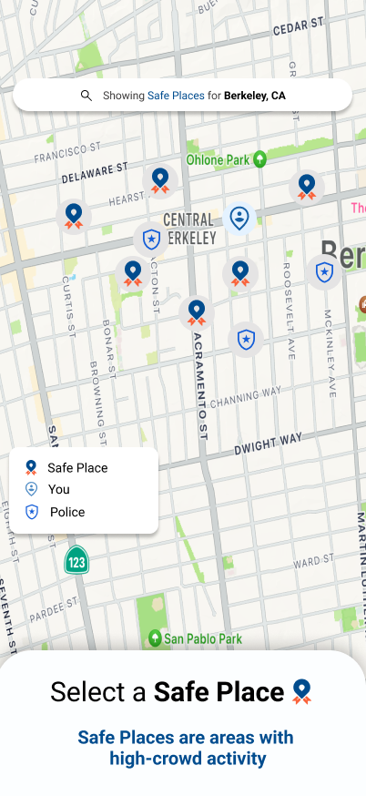 STP app screen showing the Safe Space locator map