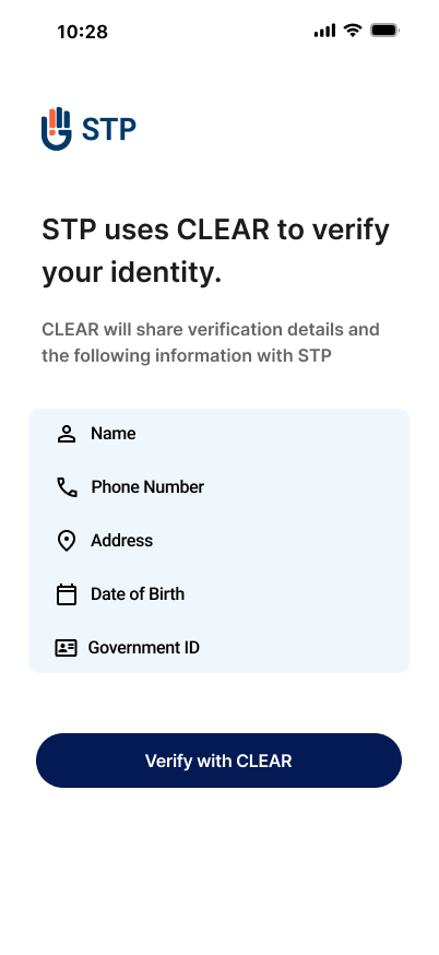 STP app onboarding screen with CLEAR identity verification