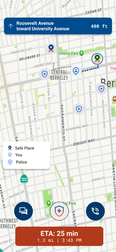 STP app screen showing turn-by-turn navigation to a Safe Space