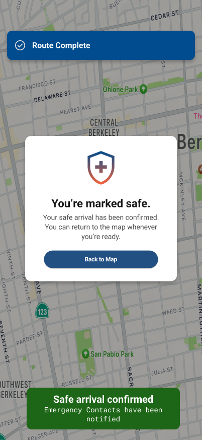 STP app screen confirming arrival and marking yourself safe