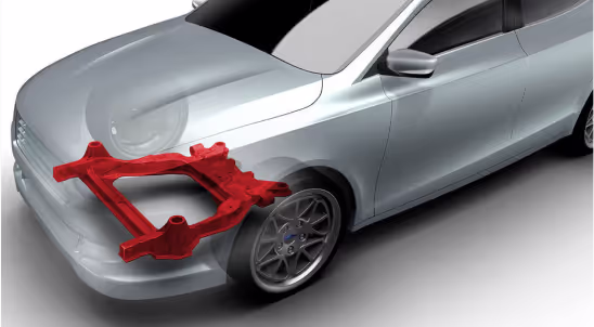 Hình ảnh mô phỏng hệ thống treo trước của một chiếc xe hơi, đại diện cho công nghệ kỹ thuật trong ngành công nghiệp ô tô.