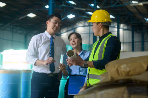 Hình ảnh ba kỹ sư đang thảo luận về sản phẩm trong môi trường sản xuất công nghiệp.