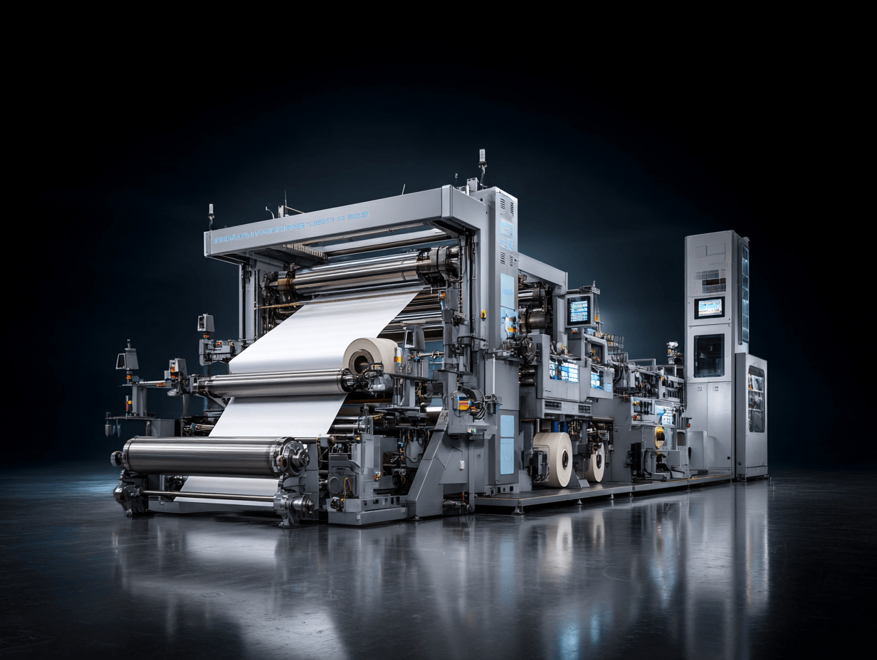 Hero image of a high-speed roll-to-roll printing line showing unwinding, tension control, guide rollers, and precision web transport.