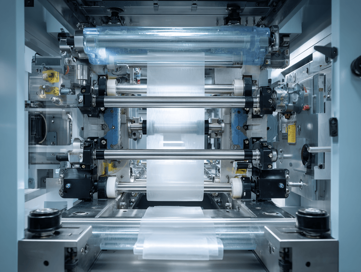 Hero image of a roll-to-roll coating and laminating machine showing unwinding, coating section, laminating nip, drying path, guide rollers, and rewinding station.