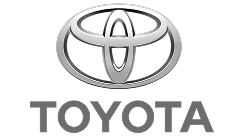 Toyota logo with silver emblem and text on black background.