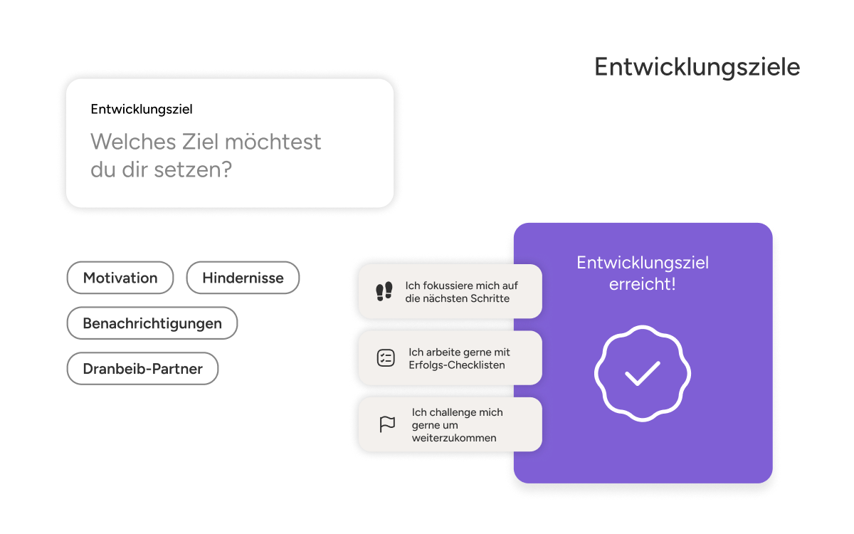 Entwicklungsziele. Benutzeroberfläche zeigt Abschnitt für Entwicklungsziele mit Frage ‚Welches Ziel möchtest du dir setzen?‘, Optionen für Motivation, Hindernisse, Benachrichtigungen, Dranbleib-Partner, und Status ‚Entwicklungsziel erreicht!‘.