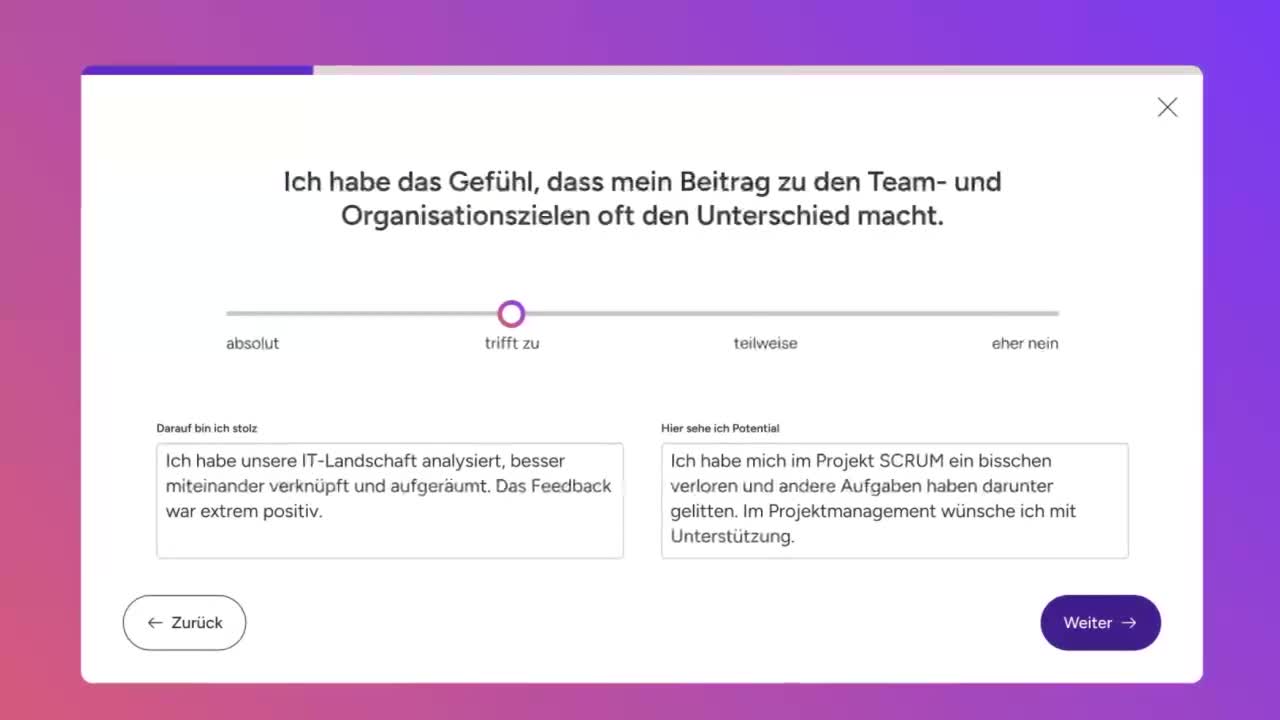 Bewertungsumfrage mit der Aussage, dass der Beitrag zu Team- und Organisationszielen oft den Unterschied macht, mit einer Skala von absolut bis eher nein, markiert bei trifft zu, und zwei Textfeldern mit stolz und Potenzial.
