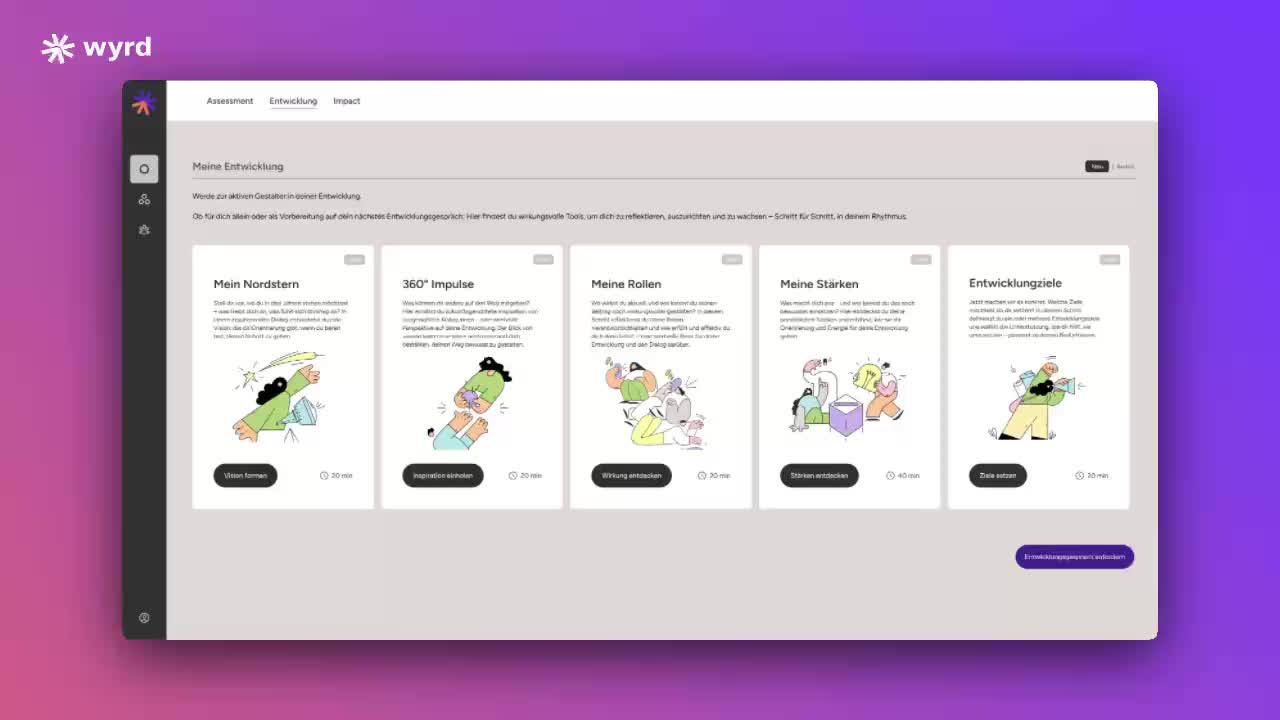Benutzeroberfläche einer Entwicklungsplattform mit fünf Kacheln zu Nordstern, 360° Impulsen, Rollen, Stärken und Entwicklungszielen, versehen mit Illustrationen und Schaltflächen.