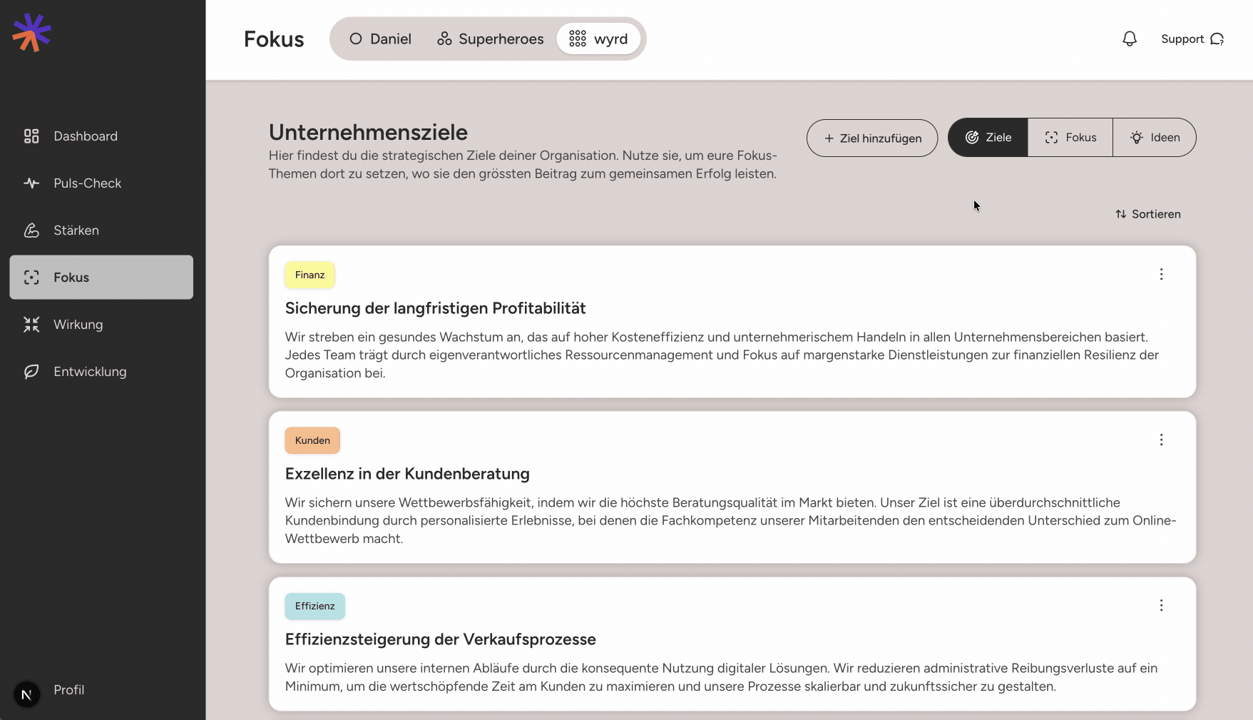 Navigating the Fokus Organisation view, filtering focus by team and goal, navigating to Ideas