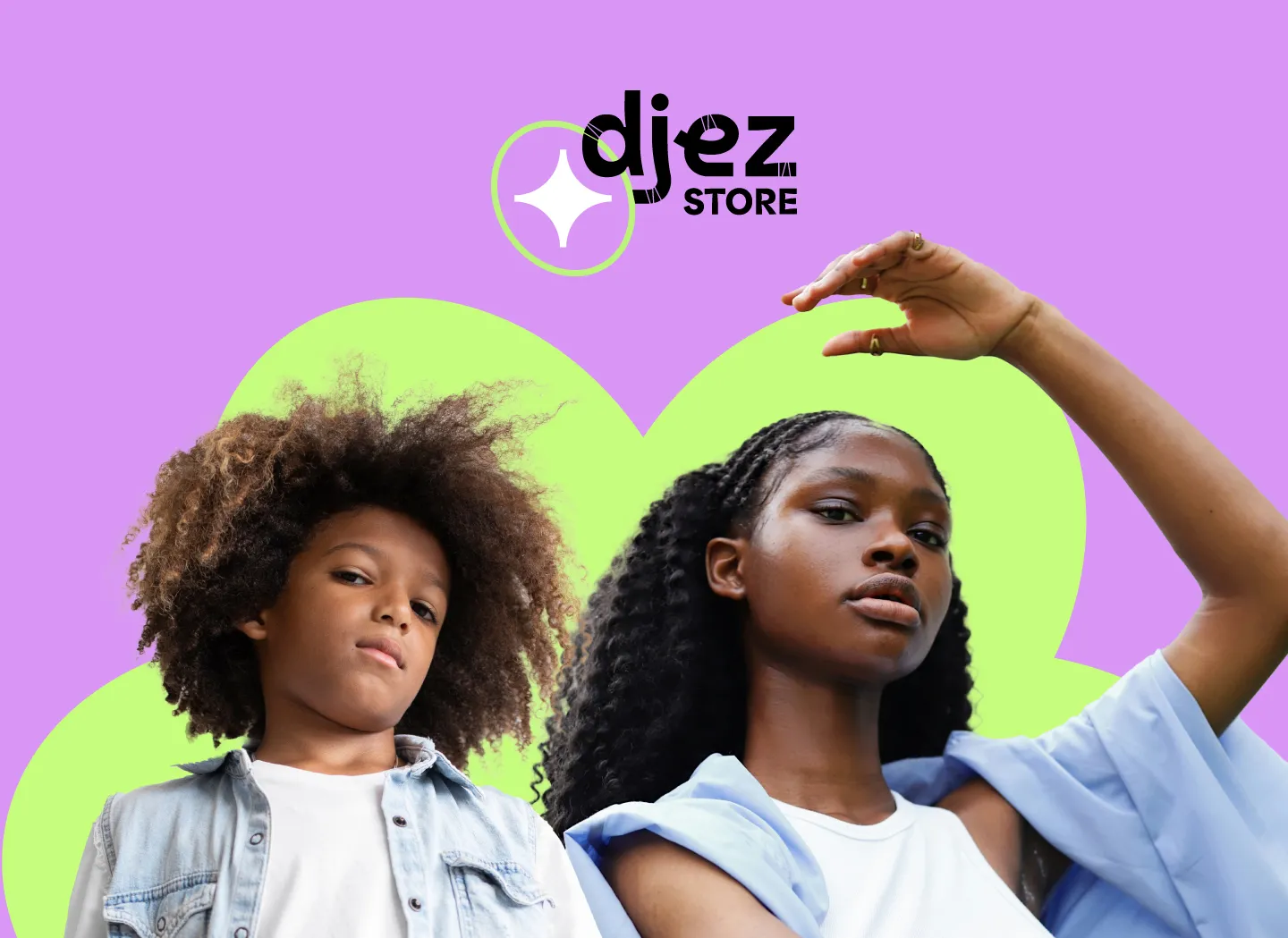 Visuel chartée Djez Store avec logo au dessus d'une jeune fille et d'une petit garçon guyanais sur fond illustré et coloré en vert et violet