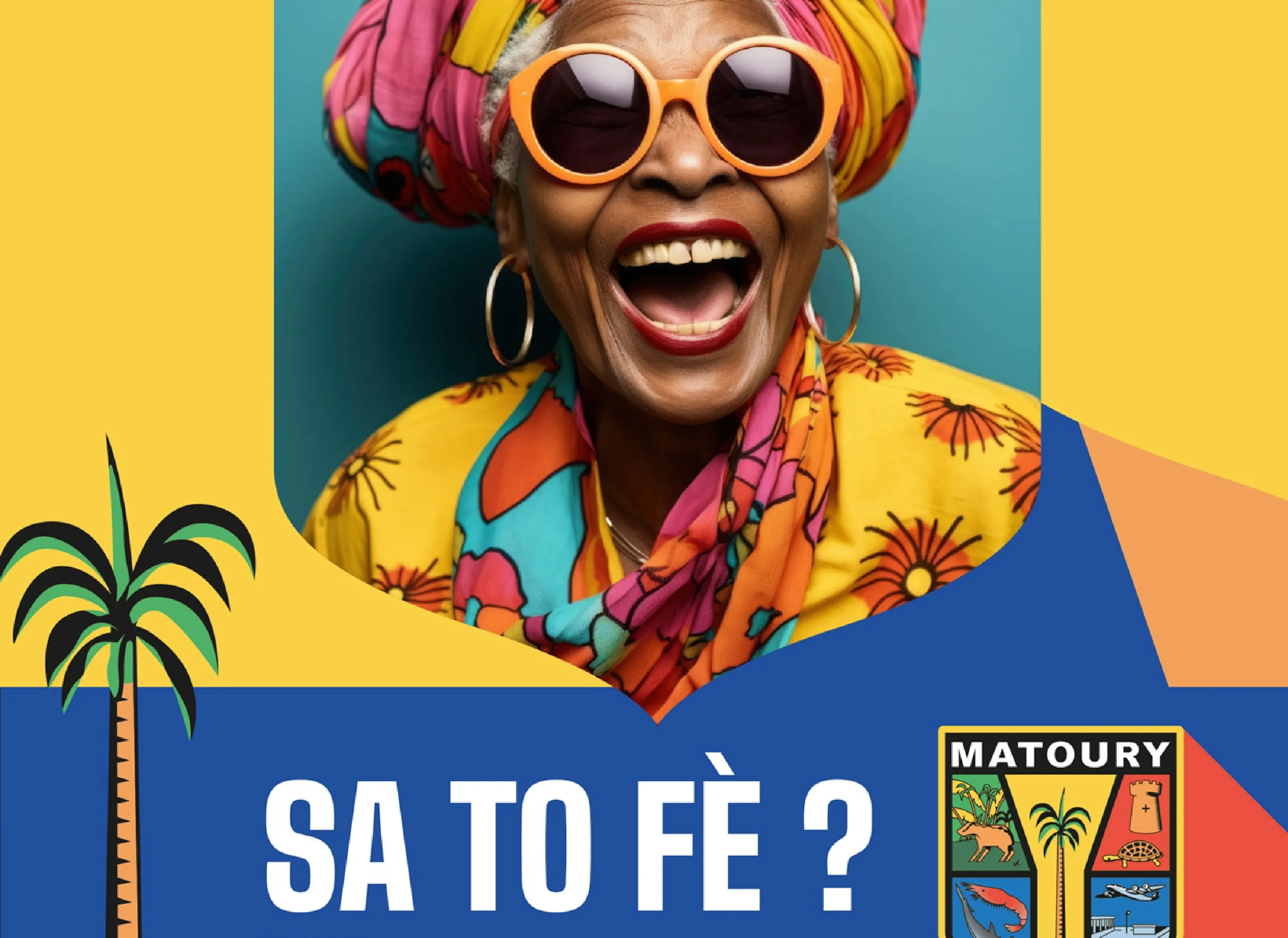 Illustration d'une dame âgée guyanaise qui rayonne dans ses vêtements et accessoires colorés, entrain de sourire avec la phrase écrite en créole "SA TO FE ?"