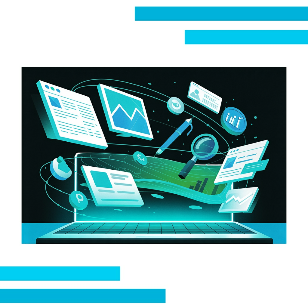 Vector illustration of a glowing computer screen with floating icons representing SEO copywriting services in a vibrant digital landscape.
