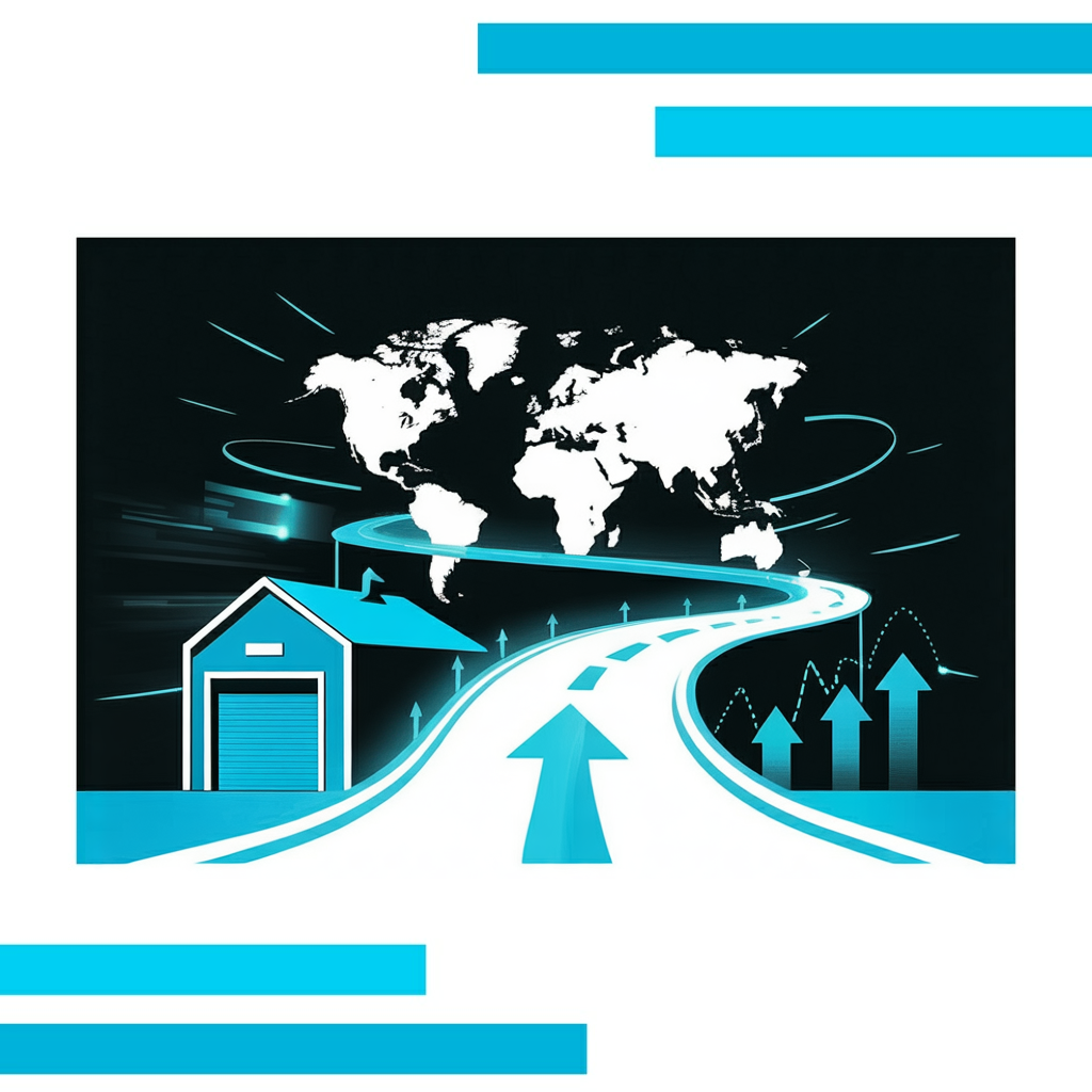 Vector illustration showing a bright aqua road from a black garage to a white global map, symbolizing boost organic traffic with garage2global.