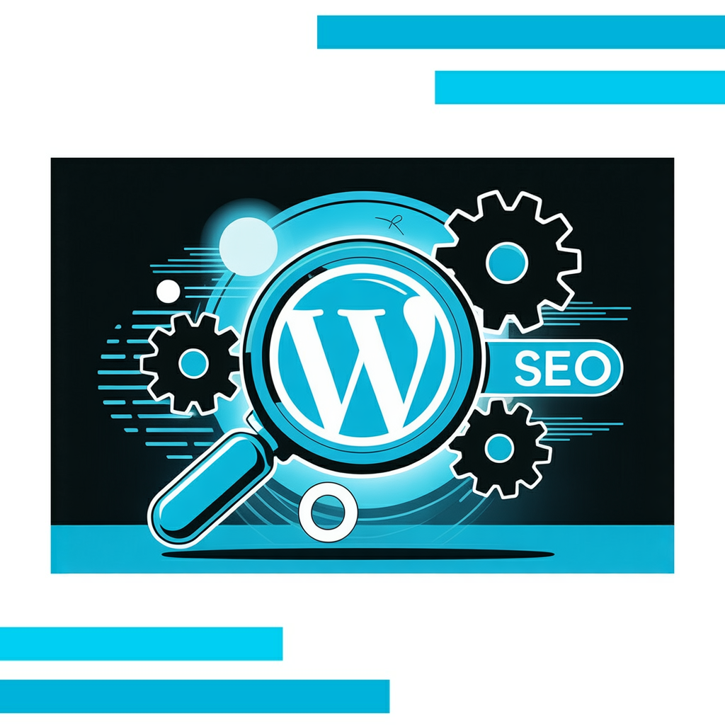 Vector illustration of a magnifying glass over a WordPress logo with gears and glowing paths, symbolizing SiteSEO optimization tools.