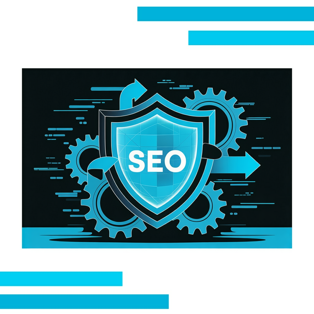 Vector illustration of a blue digital shield symbolizing cyber security SEO, surrounded by black gears and arrows on a white background.