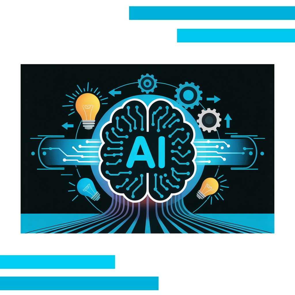 Futuristic Seona AI brain with glowing circuits, gears, and arrows illustrating workflow improvement and innovation.