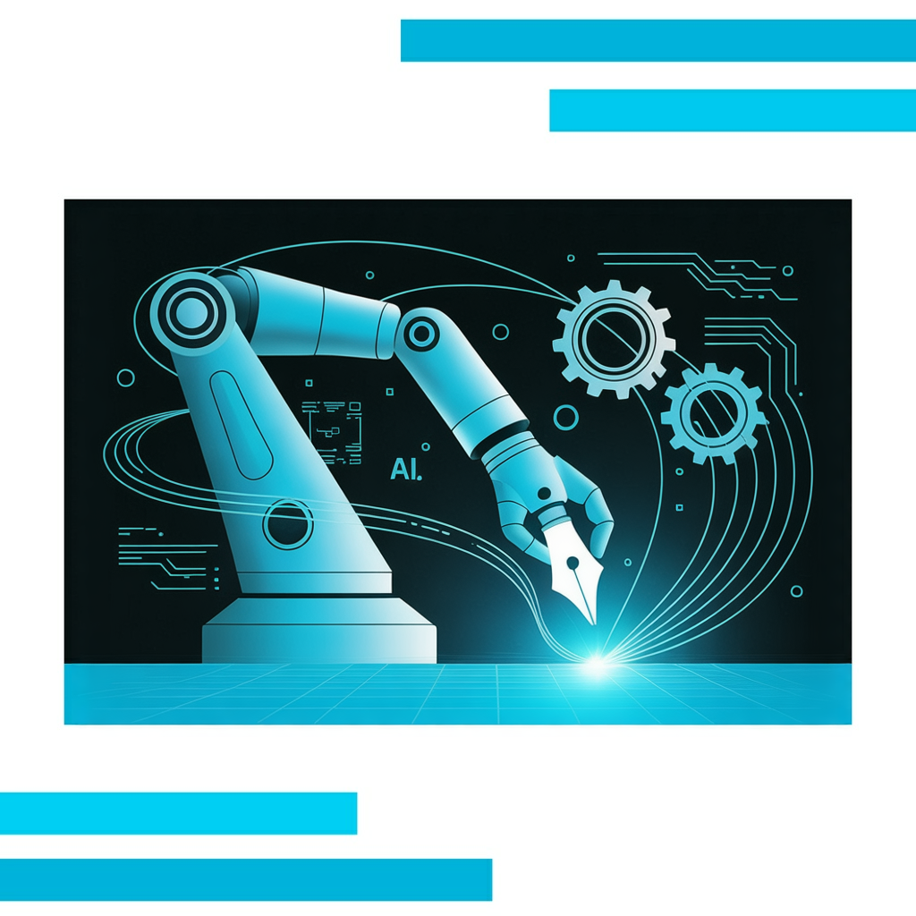 Futuristic robot arm with glowing pen creating digital content at scale, surrounded by gears, circuits, and flowing cyan lines.