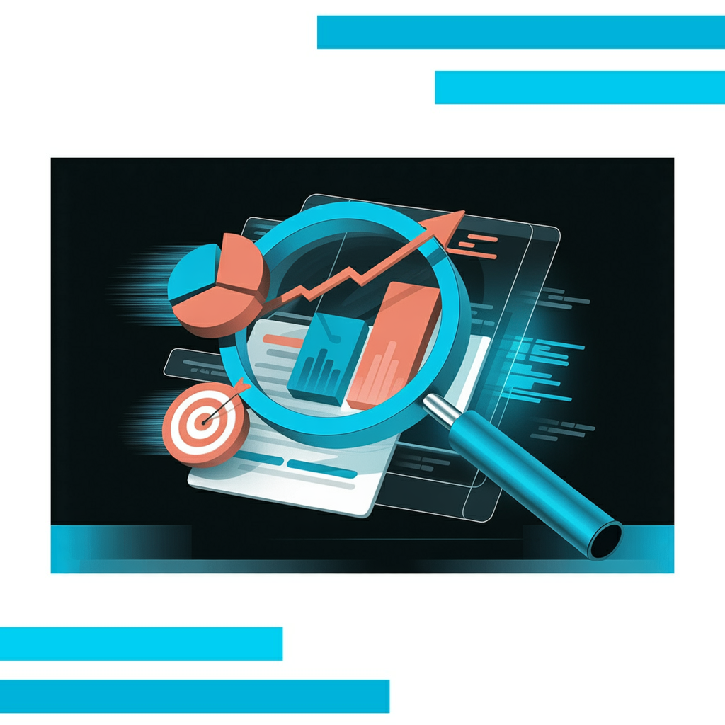 Magnifying glass highlights digital marketing elements, illustrating share of search with charts and target on dark background.
