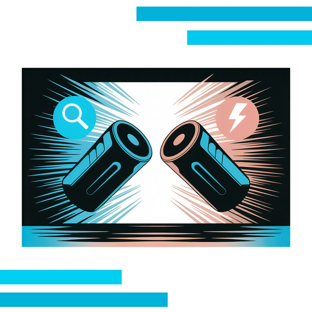 Vector illustration of Google Search Console vs Rapid URL Indexer as modern gadgets with blue and black accents, icons for search and speed.