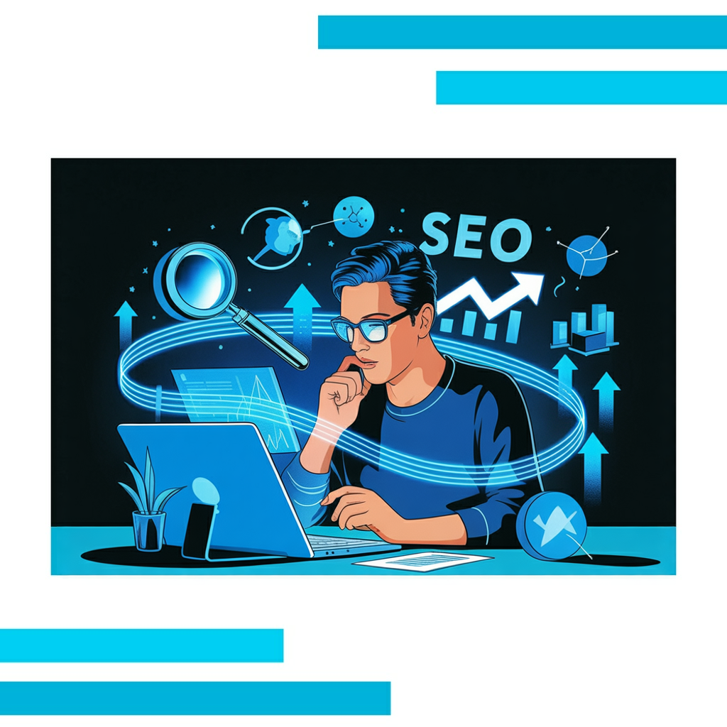 SEO strategist analyzing digital metrics on computer, surrounded by glowing SEO icons and blue lines, modern workspace.