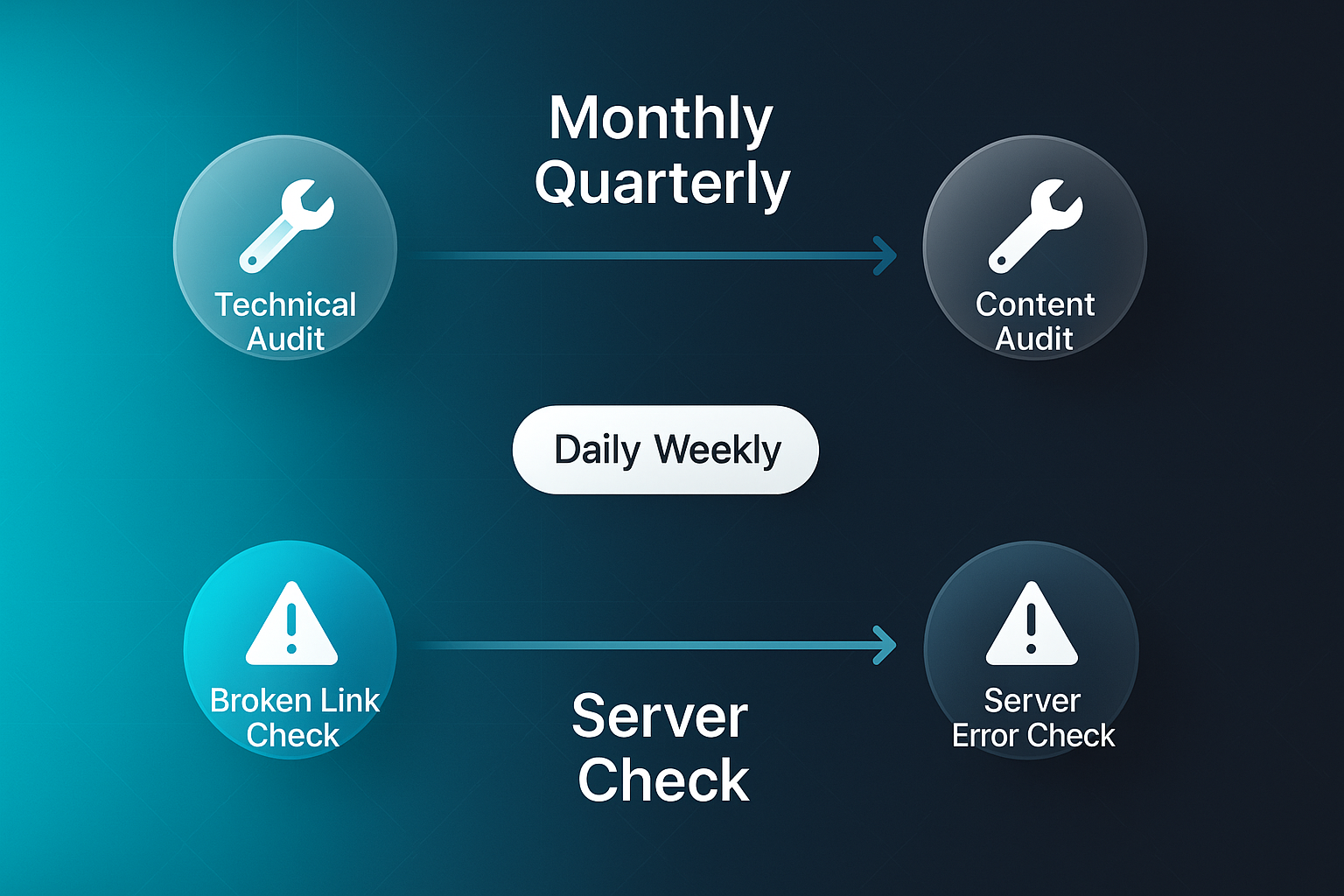 SaaS infographic for SEO strategist showing technical audit, content audit, broken link check, and server error check workflow.